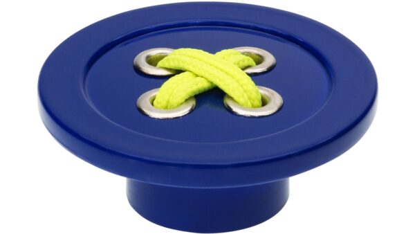 Knopf Hallbergmoos Kunststoff glasiert marinblau hochglanz schnur gelbgrün - 58 mm lang vor weißem Hintergrund