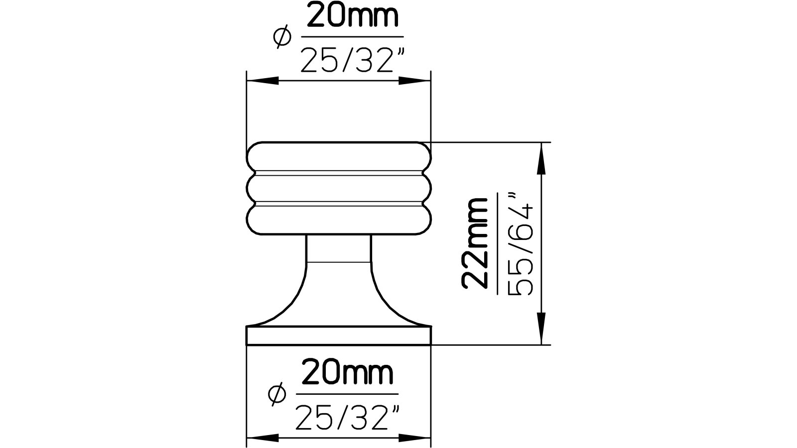 Moebelknopf-Hattingen-messing-Messing-laenge-20-166680-technische-zeichnung Knopf Hattingen Messing poliert - 20 mm lang vor weißem Hintergrund