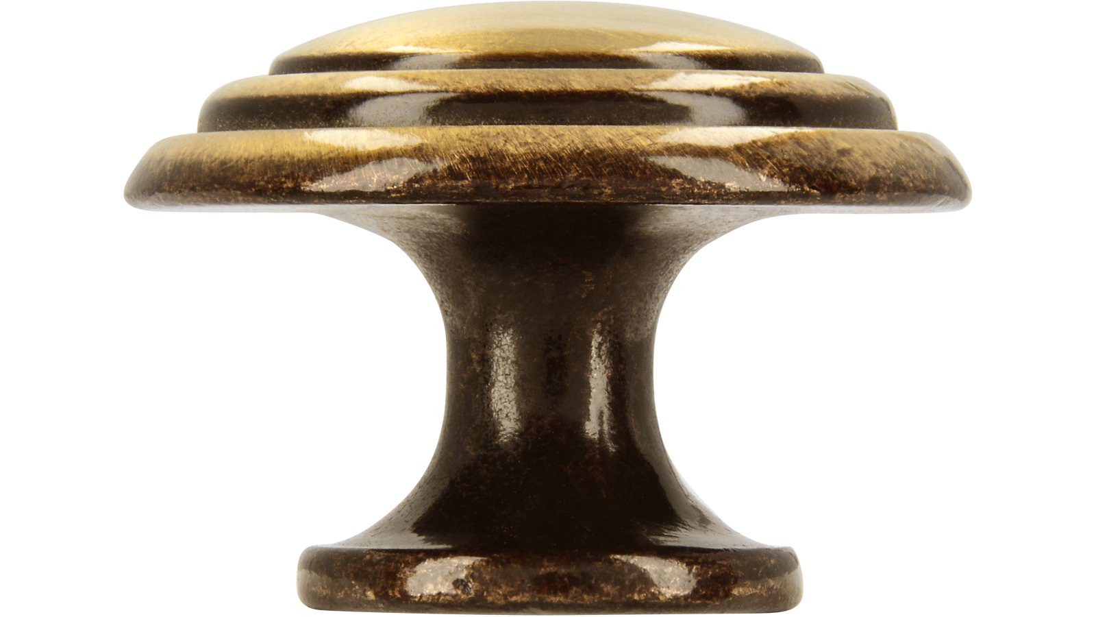 Knopf Heilbronn Druckguss altmessingfarbig brüniert getrommelt - 30 mm lang  vor weißem Hintergrund