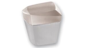 Knopf Hirschaid Kunststoff metallisiert chrom glänzend glaseffekt transparent klar - 23 mm lang vor weißem Hintergrund