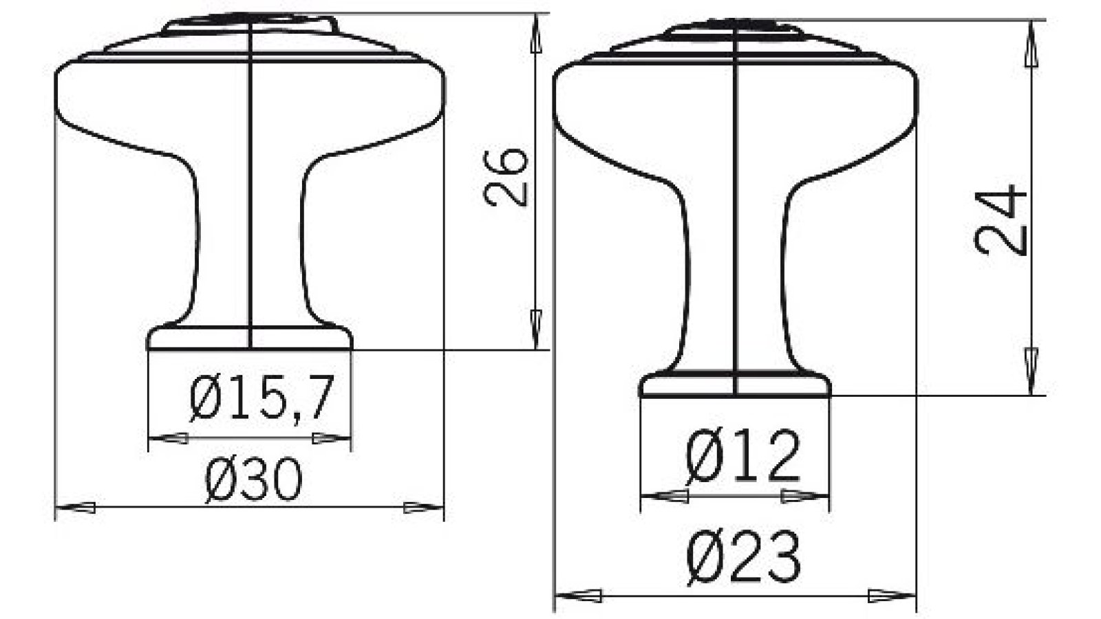 Knopf Holzwickede Druckguss - Kunststoff chrom glänzend weiß - 23 mm lang  vor weißem Hintergrund