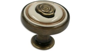 Knopf Holzwickede Zinkdruckguß - altmessing brüniert gebürstet, Porzellandruck farbig - bunt mit streifen, Porzellandruck - gold glänzend - 30 mm lang vor weißem Hintergrund