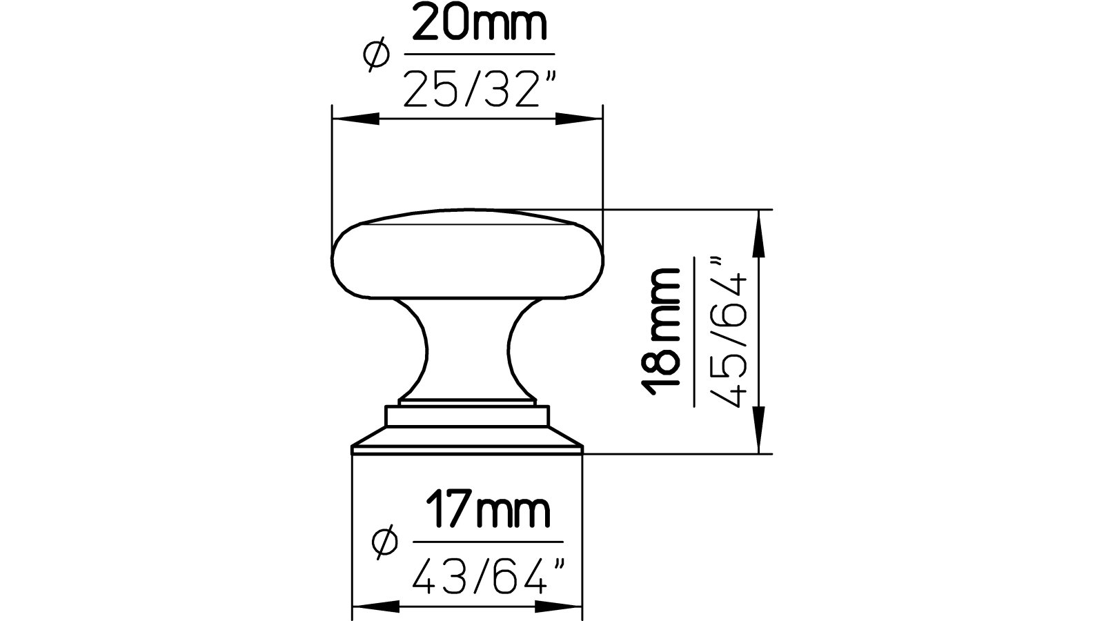 Knopf Jena Messing poliert verchromt - 20 mm lang  vor weißem Hintergrund
