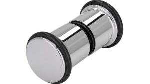 Knopf Kaufering Kunststoff chrom glänzend schwarz - 43 mm lang vor weißem Hintergrund