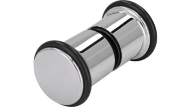 Knopf Kaufering Kunststoff chrom glänzend schwarz - 43 mm lang  vor weißem Hintergrund