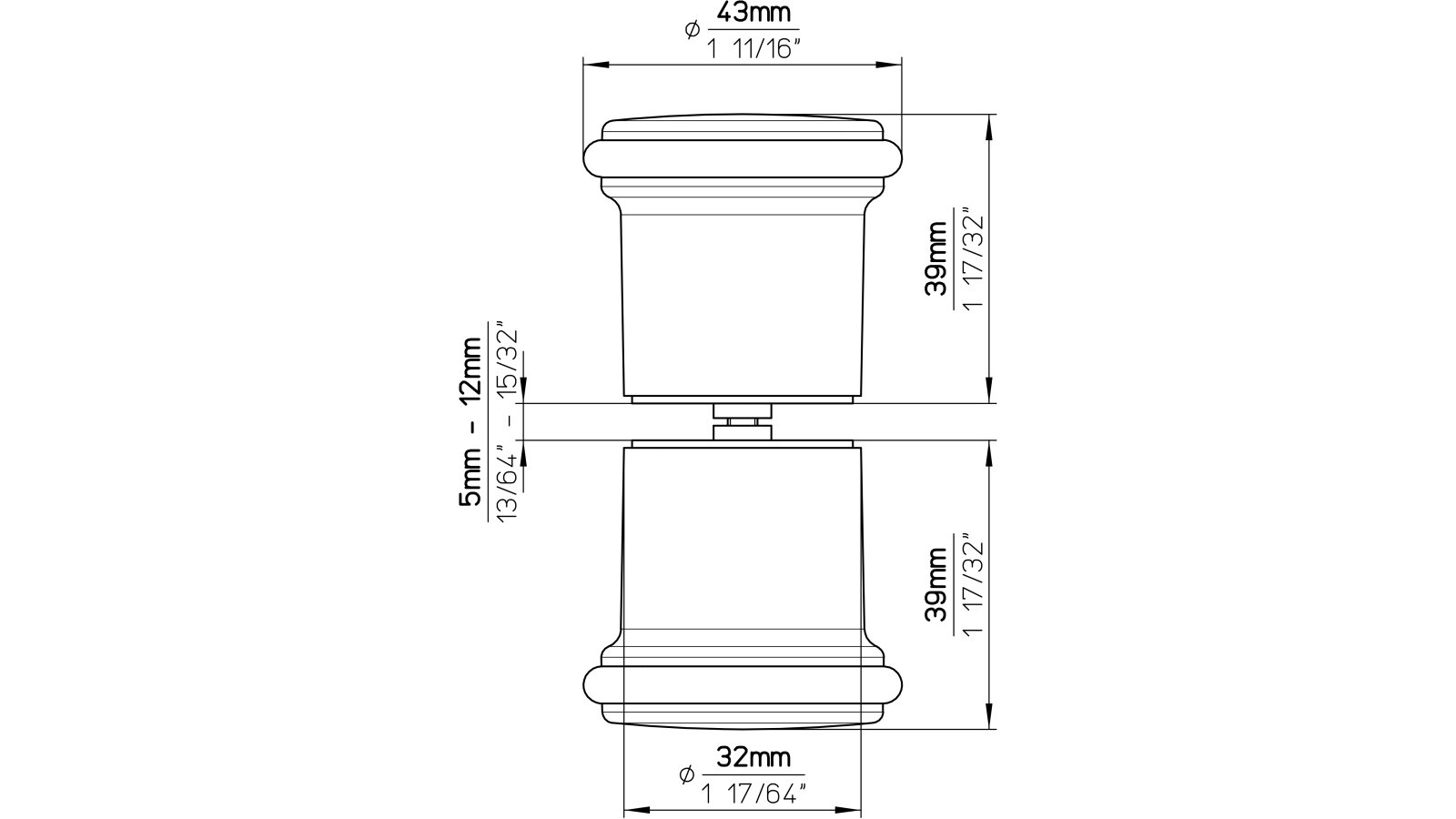 Moebelknopf-Kaufering-chrom-schwarz-Kunststoff-laenge-43-781996-technische-zeichnung Knopf Kaufering Kunststoff chrom glänzend schwarz - 43 mm lang vor weißem Hintergrund
