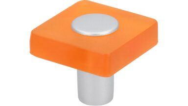 Knopf Köngen Kunststoff glaseffekt orange metallisiert weißaluminium - 30 mm lang vor weißem Hintergrund