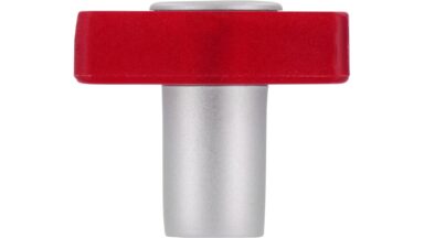 Knopf Köngen Kunststoff glaseffekt rot metallisiert weißaluminium - 30 mm lang  vor weißem Hintergrund