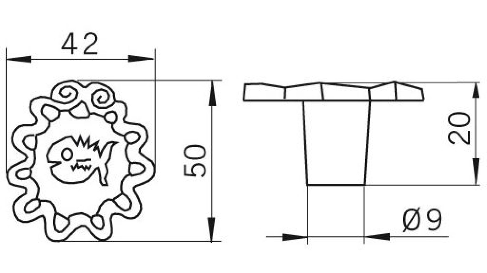 Knopf Königs-Wusterhausen Druckguss altmessingfarbig brüniert getrommelt - 50 mm lang  vor weißem Hintergrund