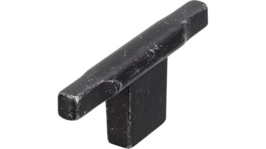 Knopf Leingarten Druckguss eisenfarbig getrommelt matt - 70 mm lang vor weißem Hintergrund