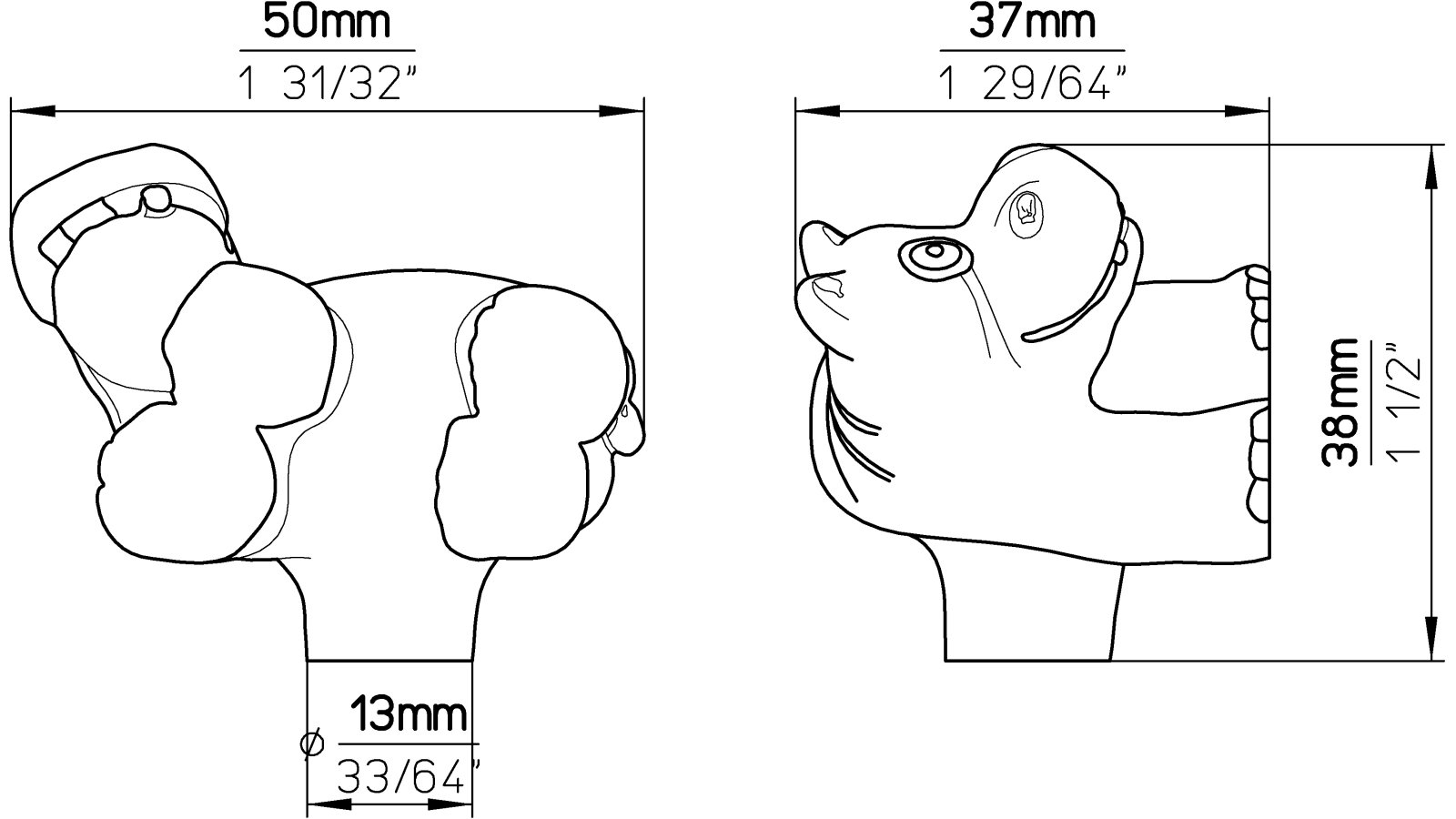 Knopf Lich Kunststoff nilpferd - 37 mm lang  vor weißem Hintergrund