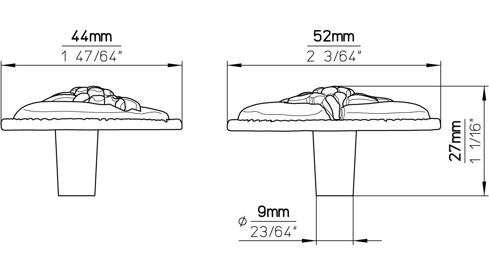 Knopf Lohmar Druckguss altsilberfarbig - 44 mm lang  vor weißem Hintergrund