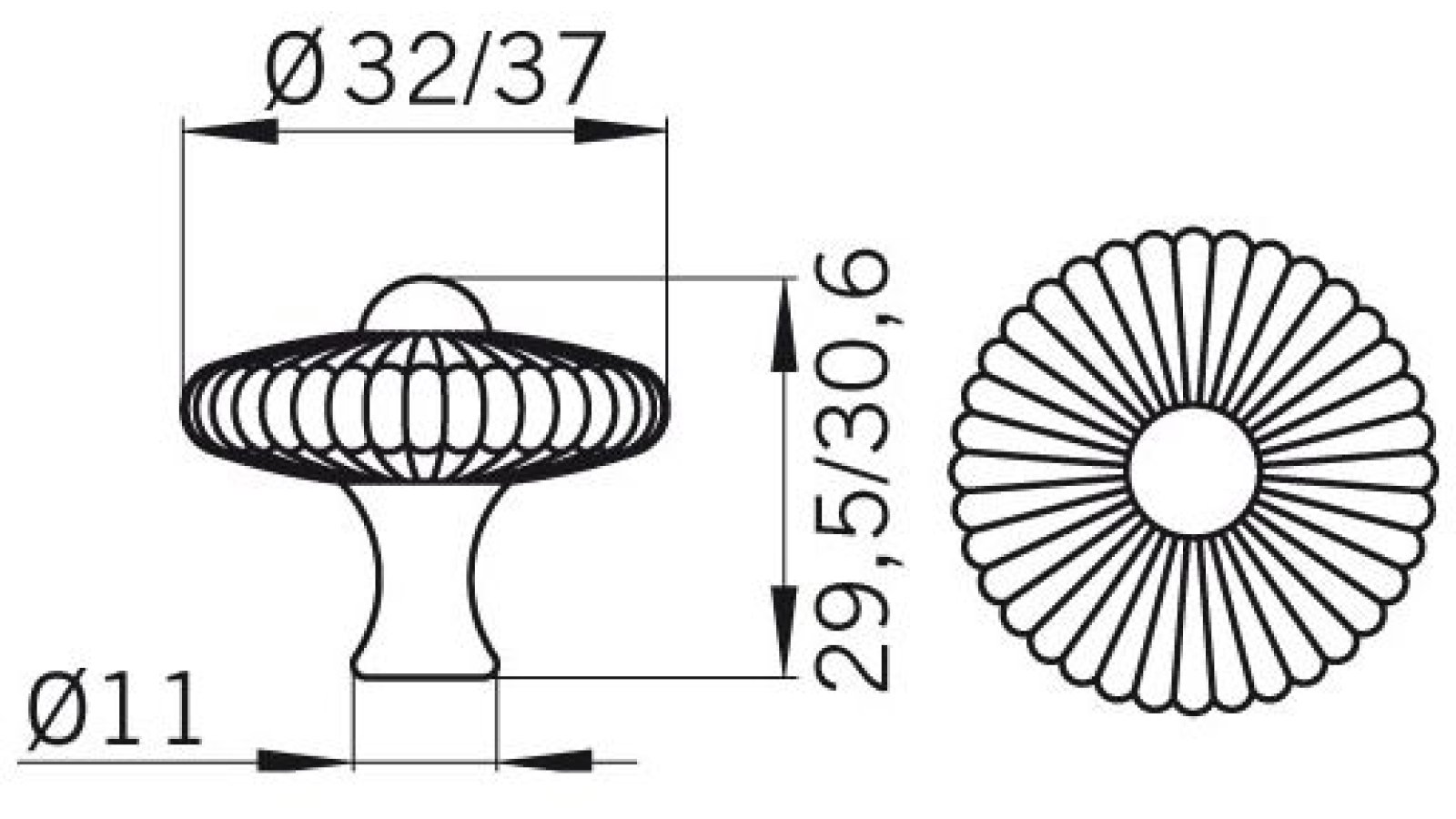 Moebelknopf-Neustadt-nickel-transparent-Glas-Kunststoff-Zinkdruckguss-laenge-32-523708-technische-zeichnung Knopf Neustadt Kunststoff-Druckguss glaseffekt matt natur matt vernickelt - 32 mm lang vor weißem Hintergrund