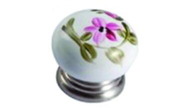 Knopf Neutraubling Zamak Porzellan satin weiß Blumen pink grün - 30 mm lang  vor weißem Hintergrund