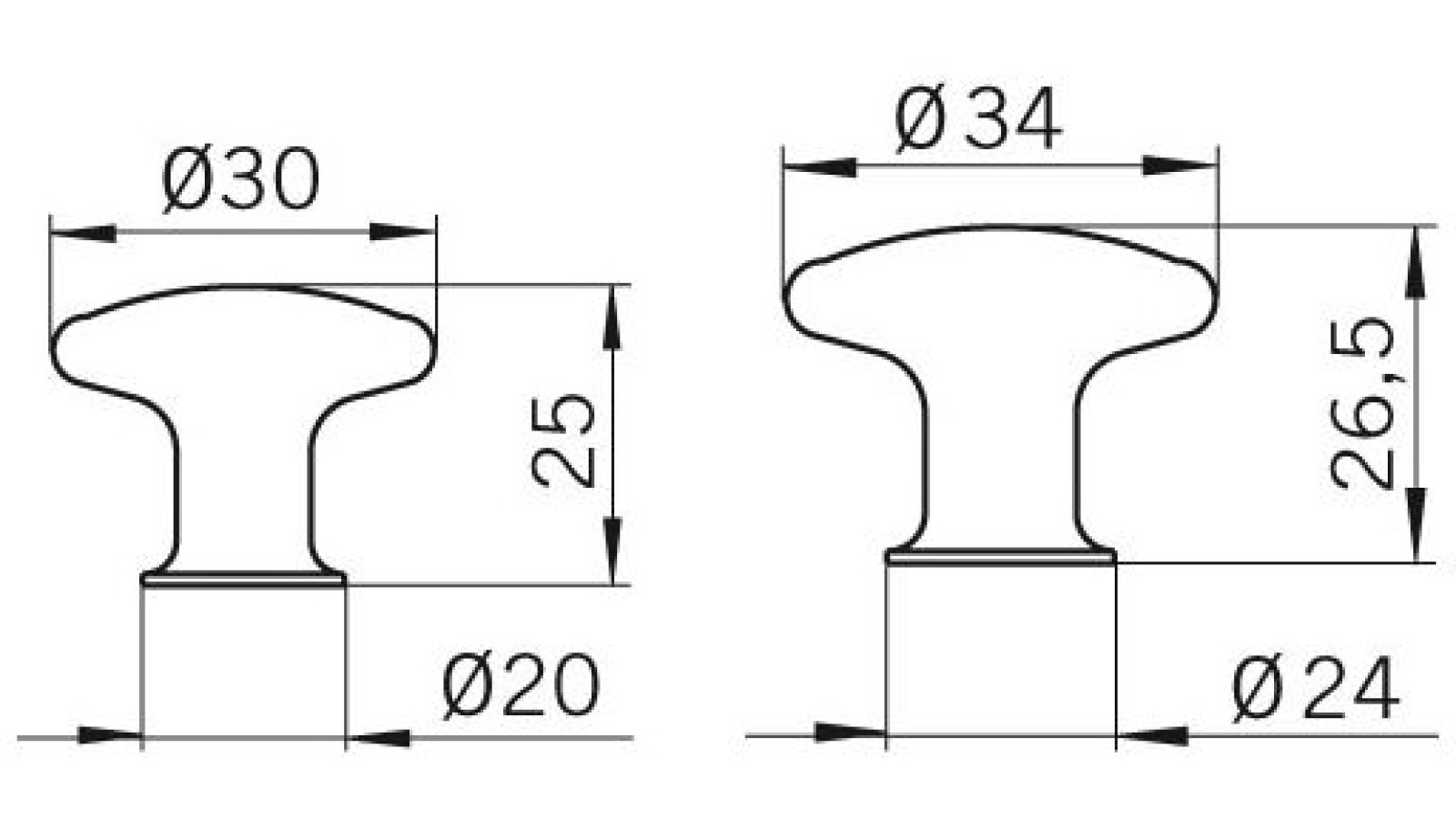 Moebelknopf-Offenburg-messing-Messing-laenge-33-166638-technische-zeichnung Knopf Offenburg Messing poliert - 33 mm lang vor weißem Hintergrund