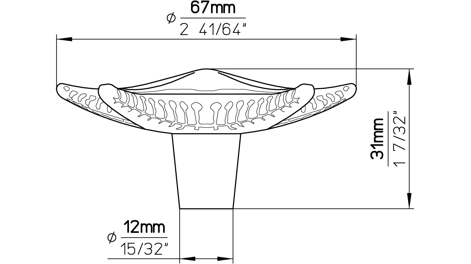Knopf Radolfzell Druckguss chrom glänzend - 67 mm lang  vor weißem Hintergrund