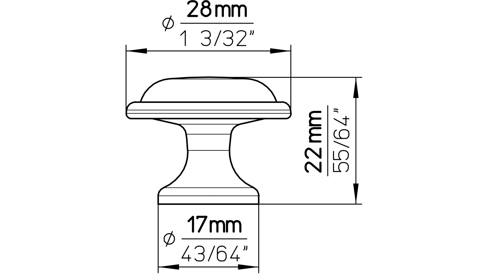 Knopf Ratingen Druckguss chrom glänzend - 28 mm lang  vor weißem Hintergrund