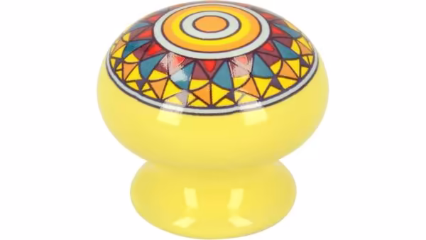 Knopf Raubling Keramik bunt schwefelgelb mandala - 38 mm lang vor weißem Hintergrund