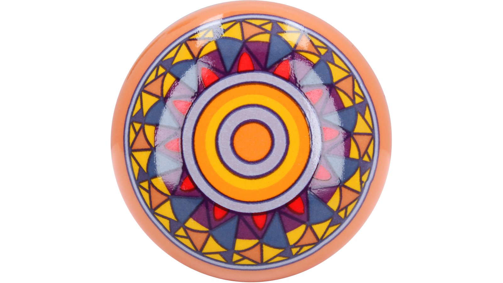 Knopf Raubling Keramik bunt pastelorange mandala - 38 mm lang  vor weißem Hintergrund