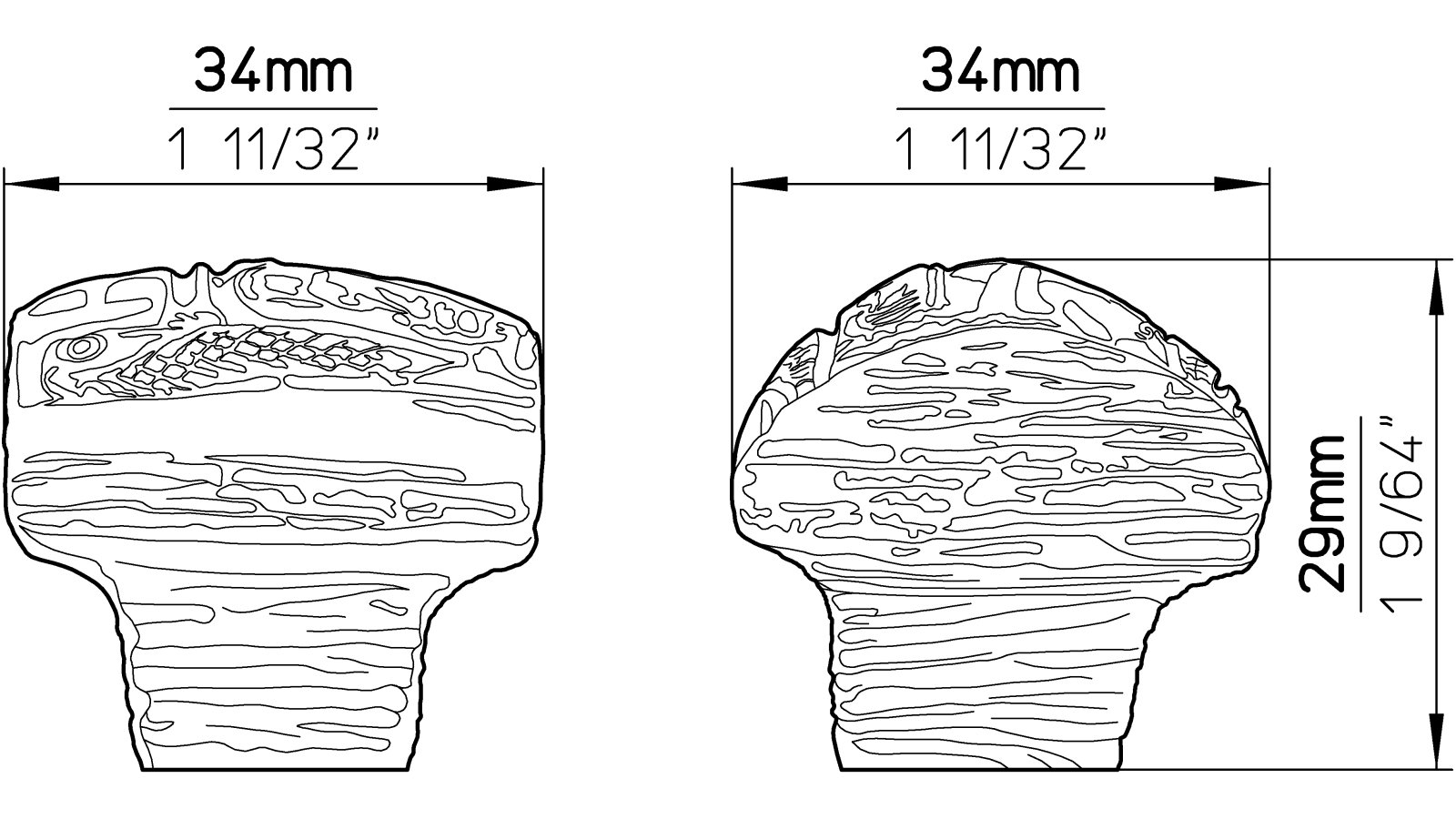 Moebelknopf-Rauheim-silber-Kunststoff-laenge-34-635012-technische-zeichnung Knopf Rauheim Kunststoff altsilberfarbig - 34 mm lang vor weißem Hintergrund
