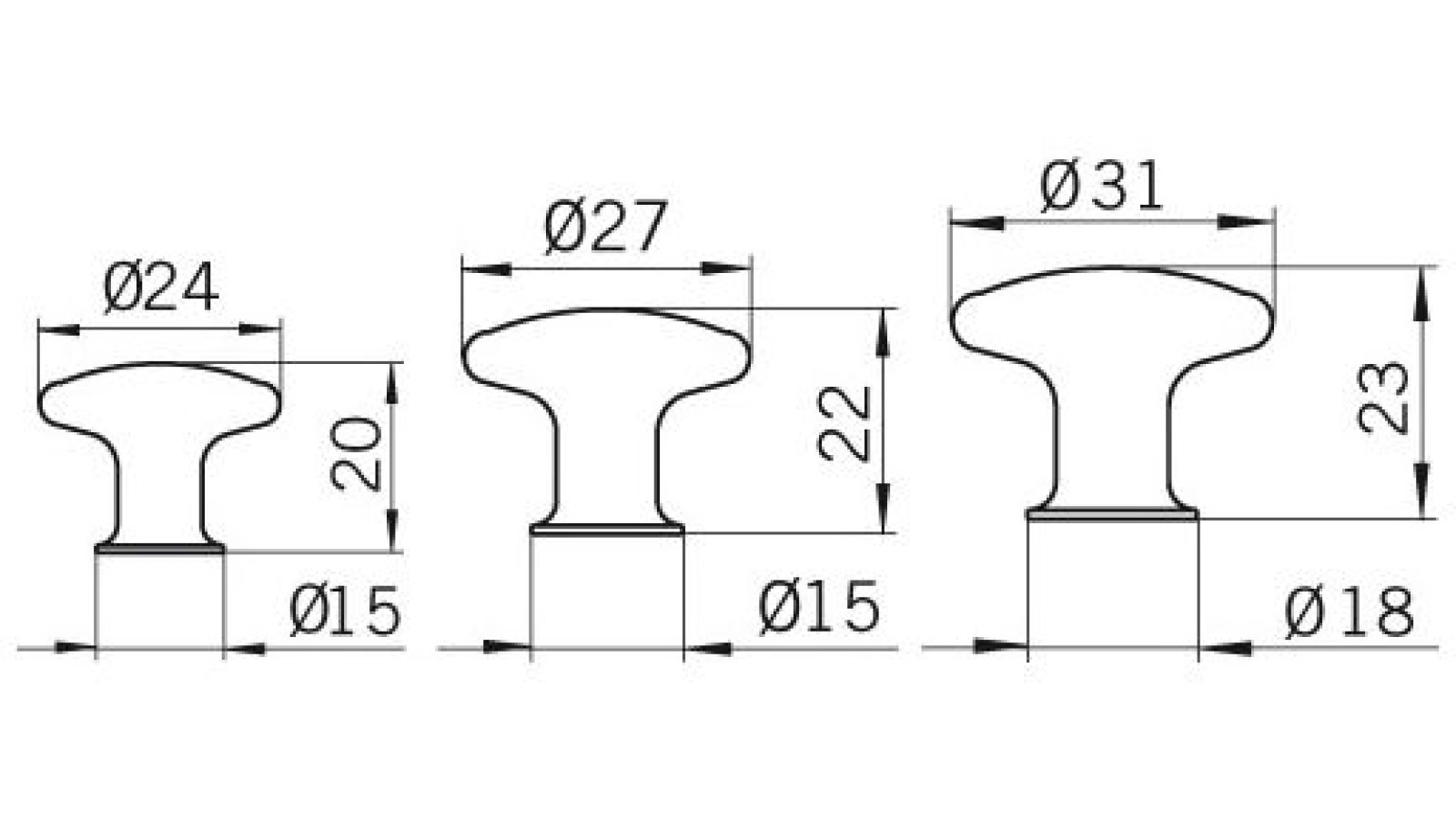 Moebelknopf-Recklinghausen-messing-Messing-laenge-24-80884-technische-zeichnung Knopf Recklinghausen Messing poliert - 24 mm lang vor weißem Hintergrund