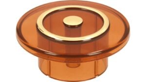 Knopf Remchingen Kunststoff orange metallfolieneffekt gold glänzend - 47 mm lang  vor weißem Hintergrund