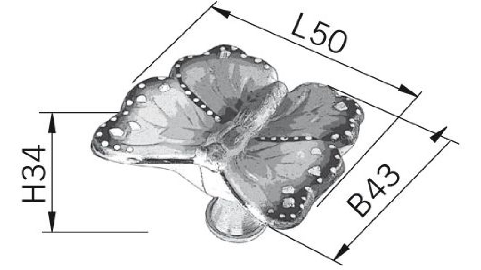 Knopf Rödental Softmaterial - Metallfuß geschäumt schmetterling verchromt poliert - 49 mm lang  vor weißem Hintergrund