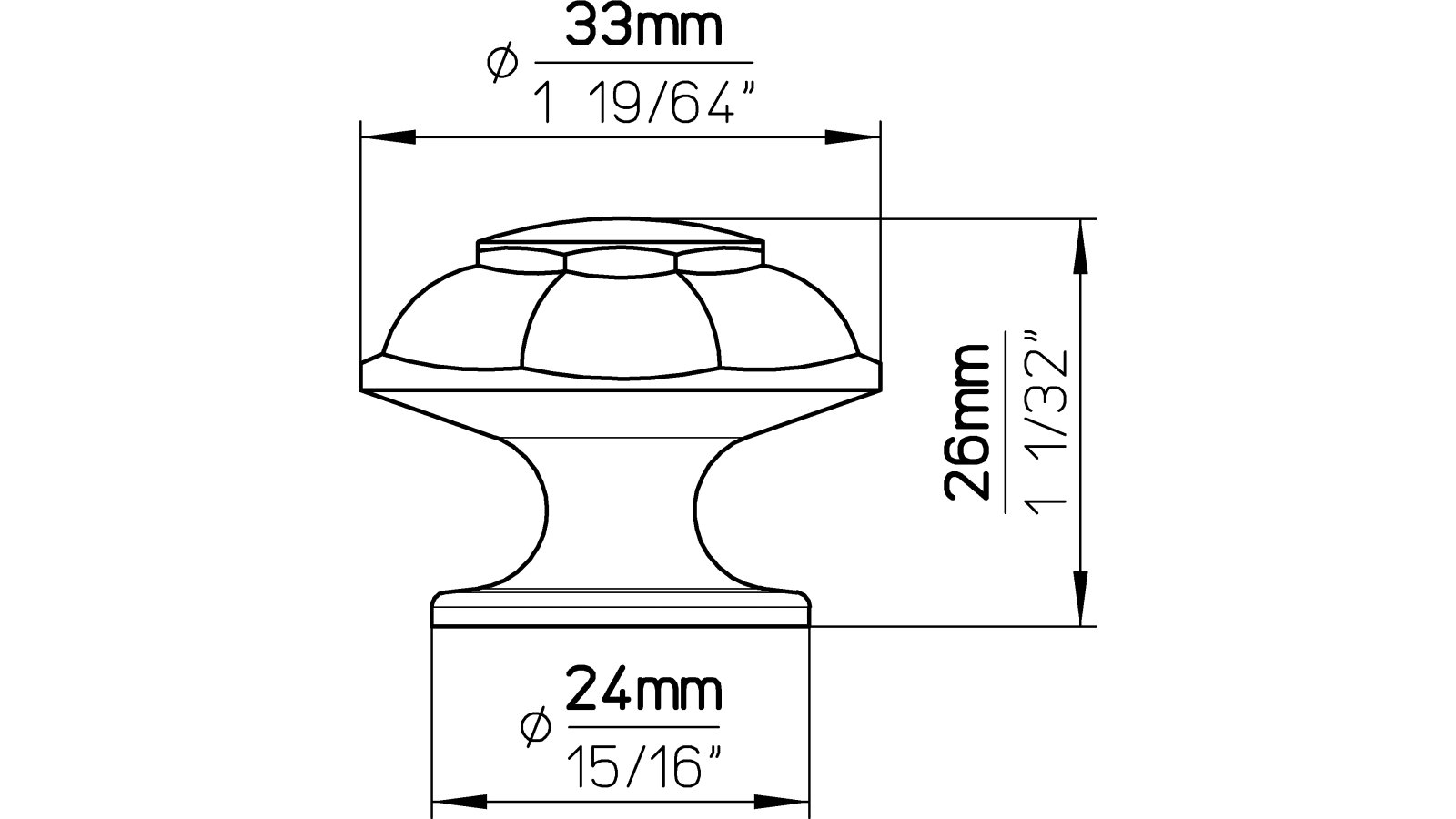 Moebelknopf-Rosenheim-messing-Messing-laenge-33-166592-technische-zeichnung Knopf Rosenheim Messing poliert - 33 mm lang vor weißem Hintergrund