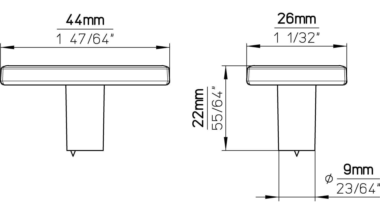 Moebelknopf-Sachsenheim-brueniert-messing-Messing-Zinkdruckguss-laenge-44-688944-technische-zeichnung Knopf Sachsenheim Druckguss altmessing brüniert gebürstet - 44 mm lang vor weißem Hintergrund