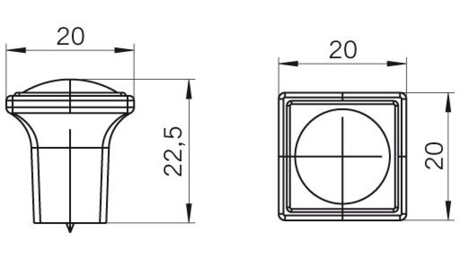 Moebelknopf-Sarstedt-alufarbig-Zinkdruckguss-laenge-20-668044-technische-zeichnung Knopf Sarstedt Druckguss alufarbig pulverbeschichtet - 20 mm lang vor weißem Hintergrund