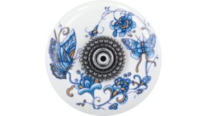 Knopf Schauenburg Keramik-Druckguss/Metallfuß bunt weiß mit schmetterling altsilberfarbig kristall - 38 mm lang  vor weißem Hintergrund