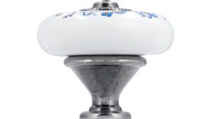 Knopf Schauenburg Keramik-Druckguss/Metallfuß bunt weiß mit schmetterling altsilberfarbig kristall - 38 mm lang  vor weißem Hintergrund