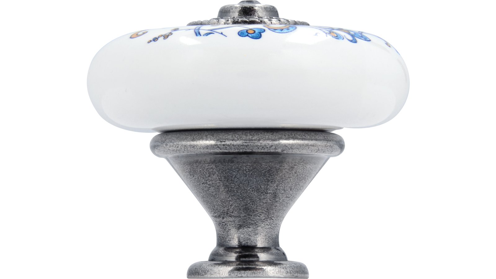 Knopf Schauenburg Keramik-Druckguss/Metallfuß bunt weiß mit schmetterling altsilberfarbig kristall - 38 mm lang  vor weißem Hintergrund