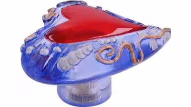 Knopf Schleiden Kunststoff blau-rot transparent - 43 mm lang vor weißem Hintergrund