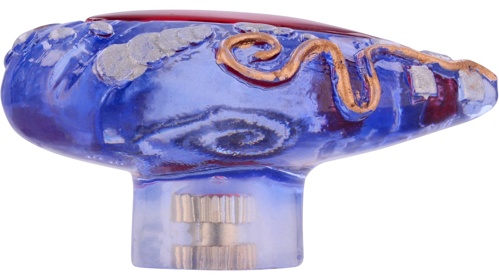 Knopf Schleiden Kunststoff blau-rot transparent - 43 mm lang  vor weißem Hintergrund