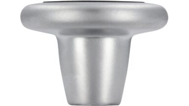 Knopf Stendal Druckguss - Kunststoff chrom matt gummieffekt schwarz - 34 mm lang  vor weißem Hintergrund