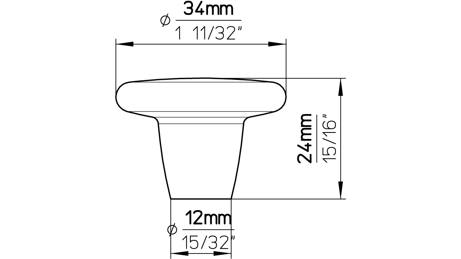 Moebelknopf-Stendal-chrom-schwarz-Kunststoff-Zinkdruckguss-laenge-34-423302-technische-zeichnung Knopf Stendal Druckguss - Kunststoff chrom matt gummieffekt schwarz - 34 mm lang vor weißem Hintergrund
