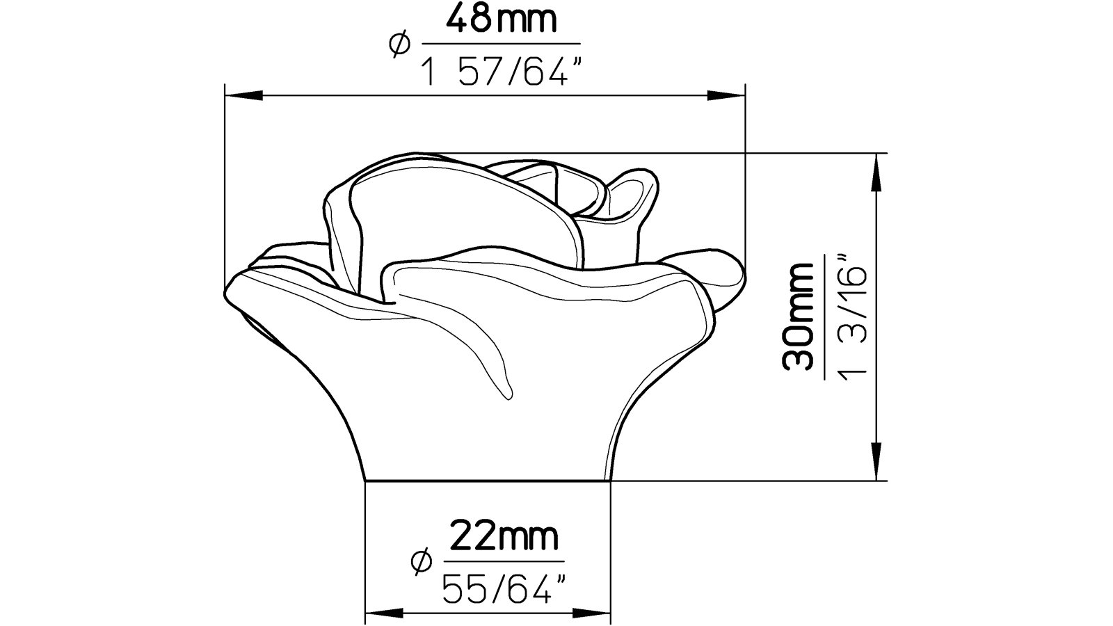 Moebelknopf-Tostedt-orange-Kunststoff-laenge-49-656794-technische-zeichnung Knopf Tostedt Kunststoff orange - 49 mm lang vor weißem Hintergrund