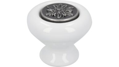 Knopf Uplengen Keramik-Druckguss/Metallfuß weiß altsilberfarbig - 38 mm lang  vor weißem Hintergrund