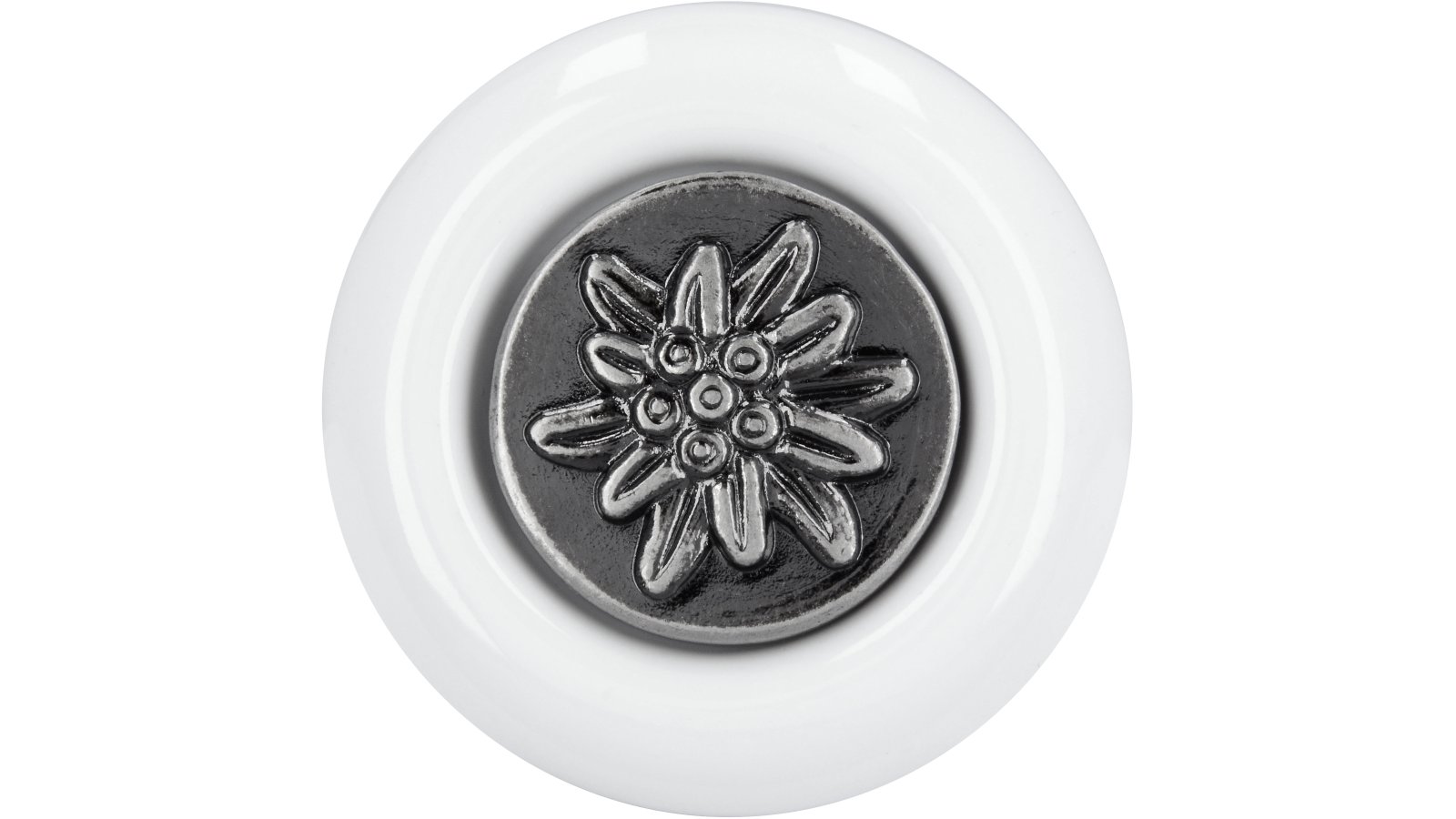 Moebelknopf-Uplengen-weiss-silber-Zinkdruckguss-Porzellan-laenge-38-566244-front Knopf Uplengen Keramik-Druckguss/Metallfuß weiß altsilberfarbig - 38 mm lang vor weißem Hintergrund