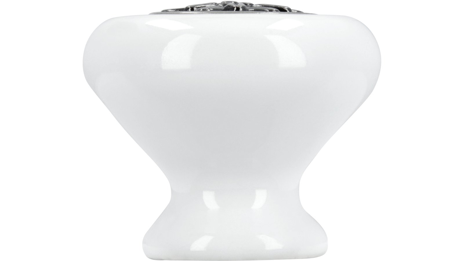 Moebelknopf-Uplengen-weiss-silber-Zinkdruckguss-Porzellan-laenge-38-566244-stehend Knopf Uplengen Keramik-Druckguss/Metallfuß weiß altsilberfarbig - 38 mm lang vor weißem Hintergrund