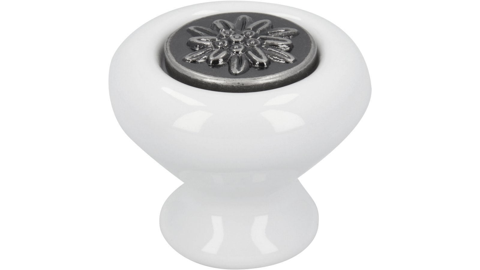 Moebelknopf-Uplengen-weiss-silber-Zinkdruckguss-Porzellan-laenge-38-566244 Knopf Uplengen Keramik-Druckguss/Metallfuß weiß altsilberfarbig - 38 mm lang vor weißem Hintergrund