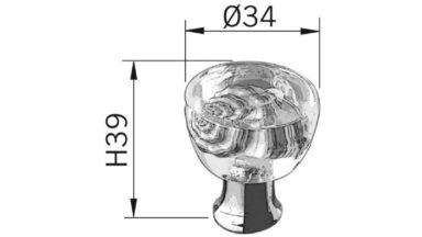 Knopf Weilburg Kunststoff-Messing/Metallfuß glaseffekt glasklar poliert verchromt - 34 mm lang  vor weißem Hintergrund