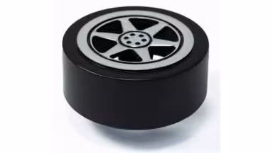 Knopf Wheel Kunststoff - schwarz, Kunststoff Metallfolieneffekt - silber glänzend - 65 mm lang vor weißem Hintergrund