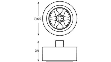 Knopf Wheel Kunststoff - schwarz, Kunststoff Metallfolieneffekt - silber glänzend - 65 mm lang  vor weißem Hintergrund