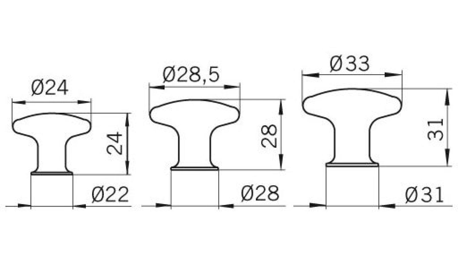 Moebelknopf-Witten-messing-Messing-laenge-24-83614-technische-zeichnung Knopf Witten Messing poliert - 24 mm lang vor weißem Hintergrund