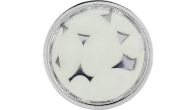 Knopf + Einlage Glinde Druckguss - Kunststoff chrom glänzend weiß - 34 mm lang  vor weißem Hintergrund