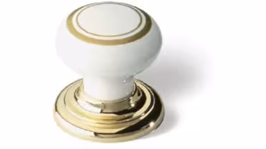 Knopf + Unterlage Heidelberg Kunststoff glasiert weiß hochglanz bedruckt gold metallisiert gold glänzend - 32 mm lang  vor weißem Hintergrund