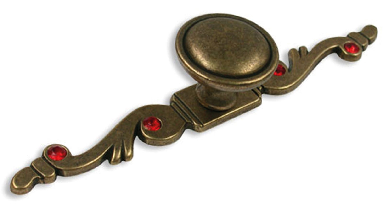 Knopf + Unterlage Schenefeld Druckguss - Kunststoff messingfarbig rot - 135 mm lang  vor weißem Hintergrund