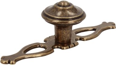 Knopf + Unterlage Schwalmtal Druckguss altmessingfarbig brüniert getrommelt 2 stück - 108 mm lang vor weißem Hintergrund